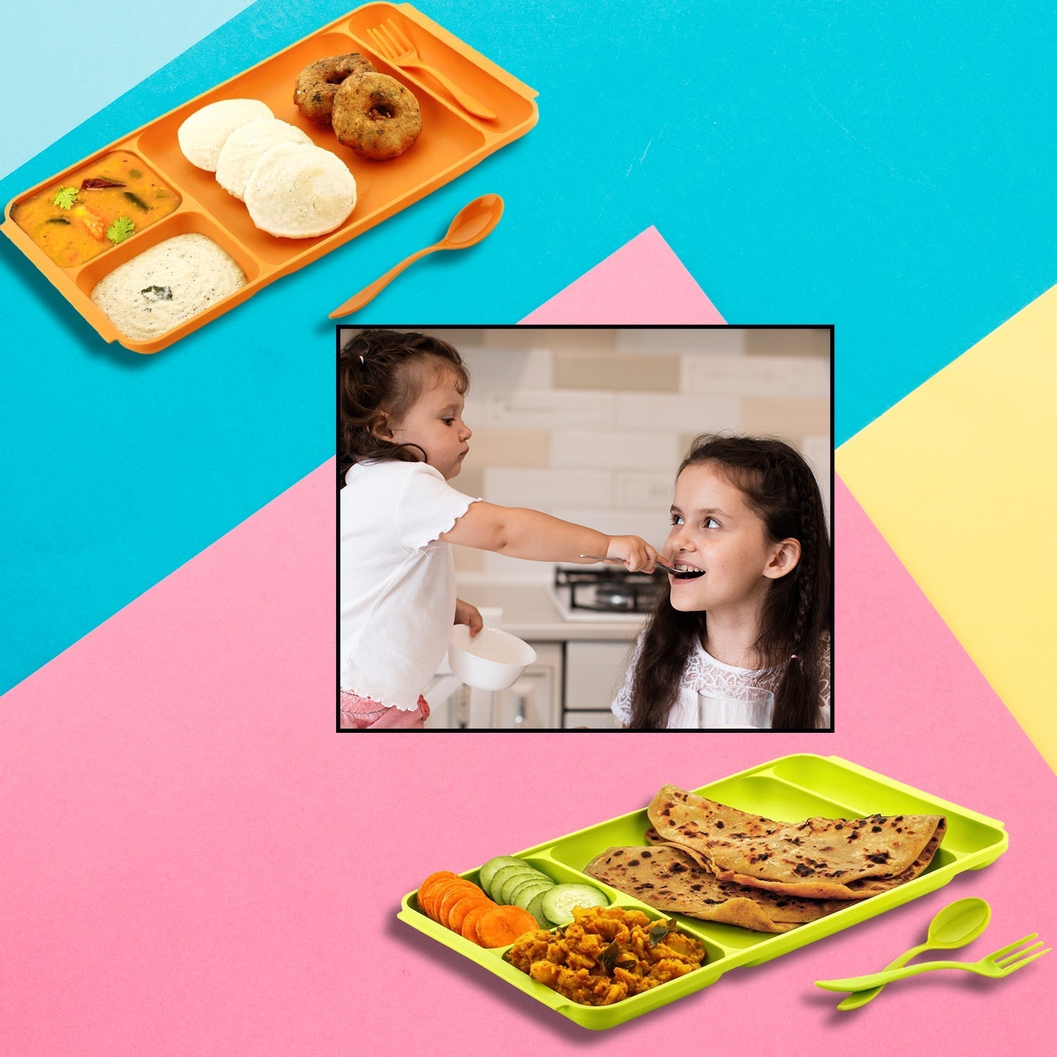 4-compartment dish set with spoon and fork for food 4-compartment dish set with spoon and fork for food